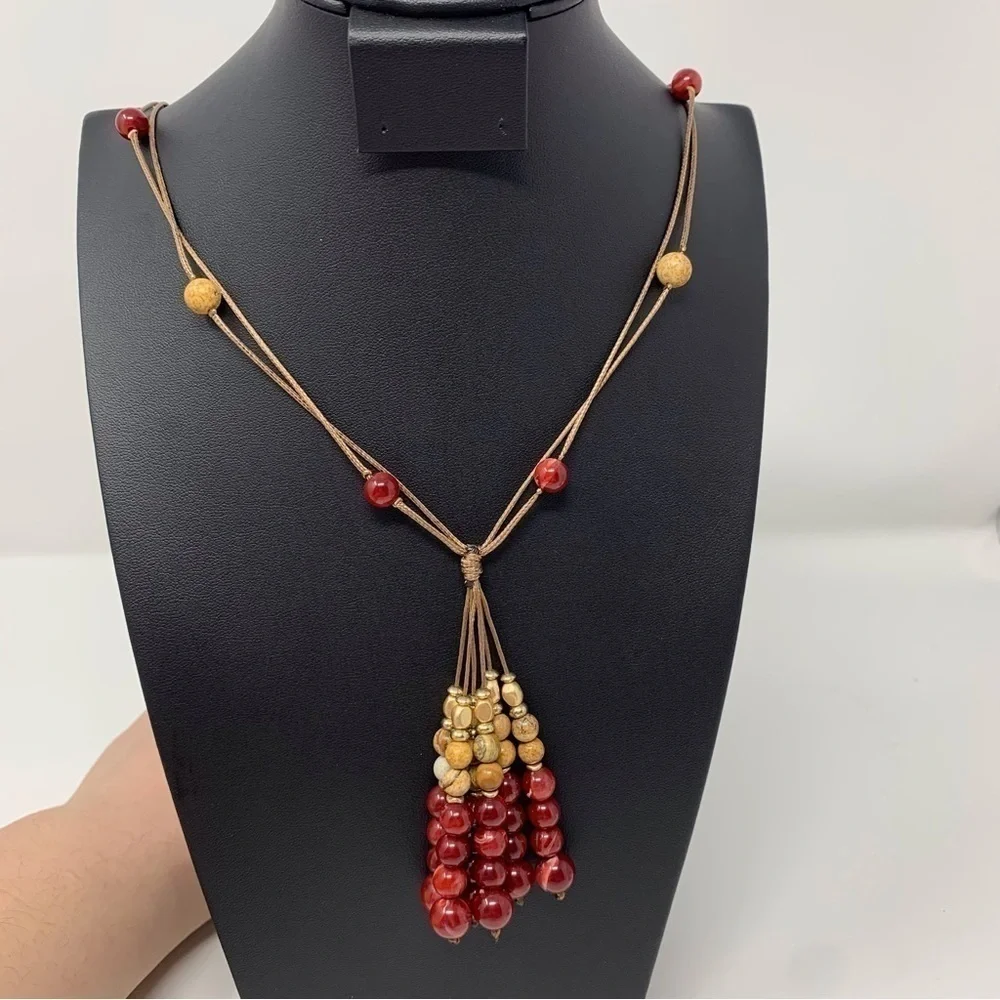 Boho Red and Brown Beaded Tassel Long Necklace